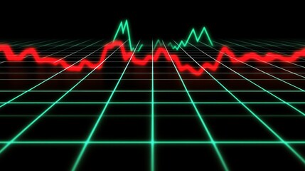 Poster - Close-up of a stock market graph with red and green lines indicating price fluctuations, over a grid on a black background