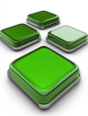 Poster - Four Green Buttons Arranged on White Background in Studio Shot with Soft Lighting and Reflections for Technology Concept