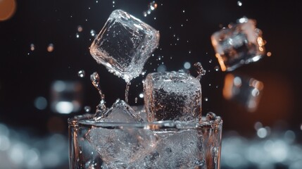 Poster - Close-up of ice cubes being dropped into a glass, with splashes and water droplets frozen mid-air