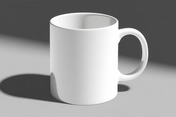 Poster - Minimalist studio shot of a white ceramic mug casting shadow on gray surface, product photography, clean design, blank template, side view, simple elegance