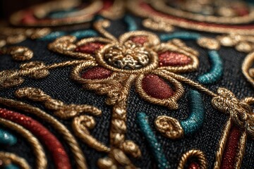 Poster - A captivating close-up showcases intricate embroidery with gold, red, and teal threads, featuring floral motifs on a textured black fabric, offering a rich tapestry of color and texture.