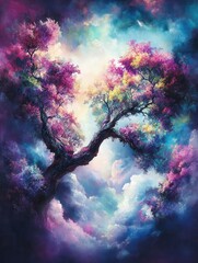 Poster - Dreamy Tree of Life Painting with Vibrant Colors and Sky Background in Artistic Style Fantasy Landscape