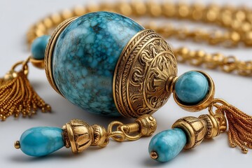 Poster - Jewelry piece featuring intricate gold design and vibrant turquoise details on a neutral background