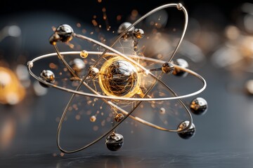 Fototapete - Model of an atom with electrons orbiting around the nucleus, showcasing energy and movement in a detailed scientific representation