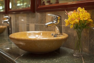 Aufkleber - Elegant bathroom decor featuring a stylish sink and vibrant flowers in a serene setting