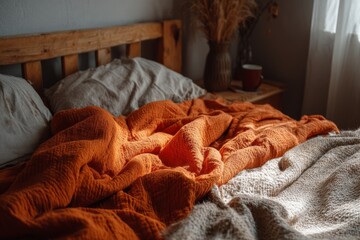 Aufkleber - Soft orange blanket draped on a cozy bed with natural sunlight streaming through a window in a peaceful bedroom setting