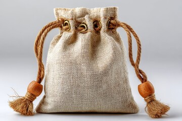 Aufkleber - Drawstring burlap sack with wooden accents suitable for storage and gift wrapping