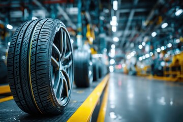 Poster - Close-up shot of new car tires with alloy rims in the production line of a modern factory, ready for installation and vehicle manufacturing on the assembly floor.