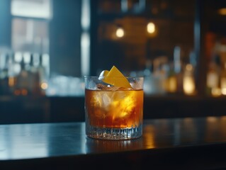 Poster - Old Fashioned cocktail on bar top at night close up view of drink with orange peel garnish and ice cubes in moody lighting