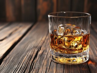 Poster - Whiskey glass with ice cube on rustic wooden table top close up studio shot of golden brown liquor