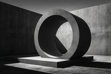 Aufkleber - Sculptural concrete installation features a large circular form set against a textured wall at an art exhibition in a modern space