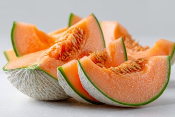 Poster - Freshly sliced cantaloupe arranged beautifully on a white background for a summertime treat
