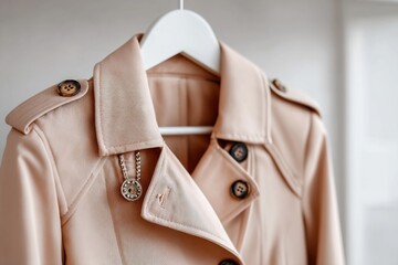 Poster - Close-up of an elegant beige trench coat with a delicate silver pendant displayed on a white hanger, capturing a modern and sophisticated fashion aesthetic.