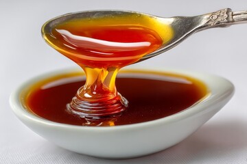 Poster - Rich golden syrup drips from a spoon into a small white bowl on a clean surface