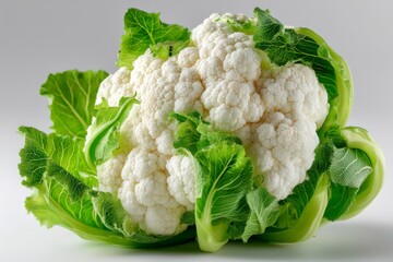 Poster - Fresh cauliflower with vibrant green leaves displayed on a neutral background for culinary inspiration