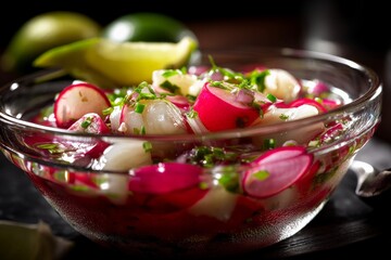 Aufkleber - Colorful salad made with radishes, lime, and herbs in a clear bowl on a dark wooden table