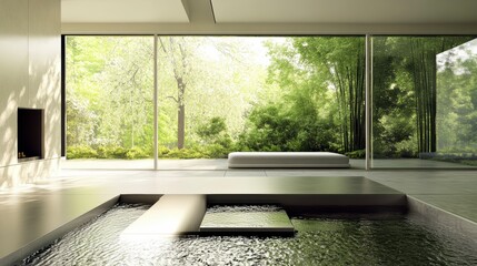 Poster - Modern minimalist interior design featuring a tranquil indoor pool, expansive windows showcasing a lush bamboo garden, and a serene seating area.