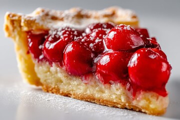 Poster - Slice of cherry pie with glossy filling and crust on a clean surface