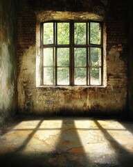 Poster - Interior of Old Abandoned Room with Window and Sunlight Casting Shadows on Floor in Grunge Style