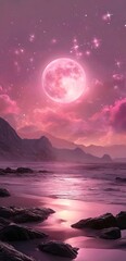Wall Mural - pink planet, glowing pink moon, shining stars in the sky, shining on rocks and seawater, pink