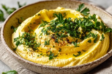 Aufkleber - Delicious creamy hummus topped with fresh parsley and olive oil served in a rustic bowl