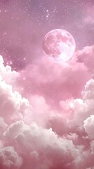 Wall Mural - pink sky, white clouds and pink moon, fantasy style, anime aesthetic, ethereal background, pink sky