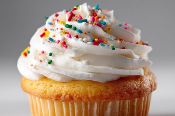 Poster - Delicious cupcake topped with fluffy frosting and colorful sprinkles on a neutral background