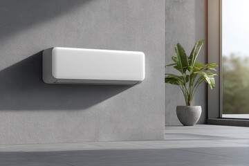 Poster - Modern air conditioner on a textured wall next to a tropical plant creating a serene and minimalist indoor environment with natural light from a large window.