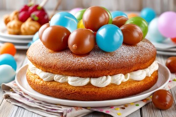 Aufkleber - Brightly decorated cake with colorful chocolate eggs and festive treats on a wooden table in a cheerful celebration setting