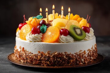 Aufkleber - Delicious tropical fruit cake with colorful toppings and candles for celebration
