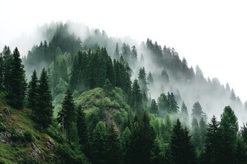 Poster - Misty forest landscape with dense pine trees enveloped in fog during early morning hours