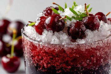 Poster - Refreshing cherry slush topped with mint and crushed ice in a glass