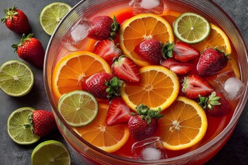 Poster - Refreshing fruit punch blend with strawberries, oranges, and limes served in a large bowl on a dark surface