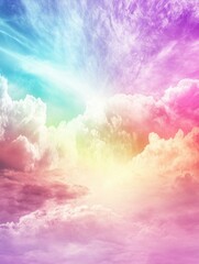 Poster - Colorful sky with fluffy clouds at sunrise; dreamy pastel colors; low angle view; fantasy landscape