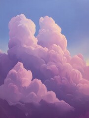 Poster - Oil painting of cumulus clouds in a blue sky at sunset soft pink and purple hues artistic style fluffy texture atmospheric perspective landscape