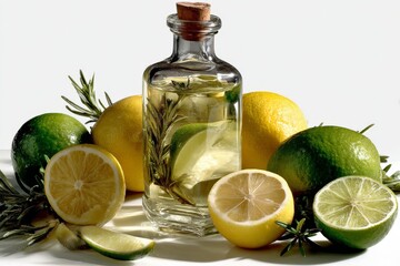 Poster - Freshly infused lemon and lime oil with herbs in a decorative glass bottle on a clean white surface