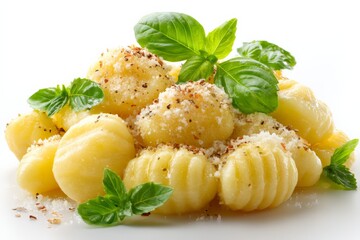 Poster - Gnocchi with fresh basil and herbs topped with cheese served on a white plate