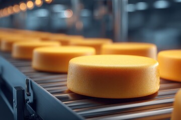 Poster - Cylindrical cheese heads on a conveyor belt, ready for packaging and distribution, showcasing the efficiency and hygiene of a modern food production facility.