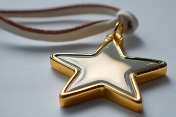 Poster - Shiny golden star pendant on a leather cord captured in soft lighting, emphasizing its reflective surface and design