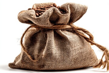 Aufkleber - Burlap sack filled with roasted coffee beans on a white background showcasing natural texture and earthy tones