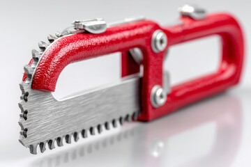 Poster - Unique red-handled saw displaying intricate teeth, showcasing craftsmanship and design used for precise cutting tasks in workshops or home projects