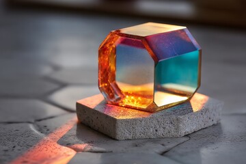 Poster - Colorful glass sculpture reflecting light on a textured surface during daylight hours