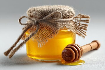Aufkleber - Clear honey in a glass jar with a wooden dipper resting beside it on a light background, showcasing its rich golden color and smooth texture