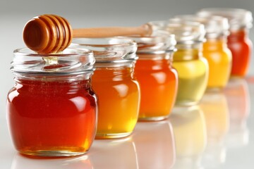 Poster - Selection of honey jars showcasing various colors and textures in a bright, well-lit setting