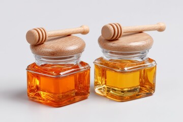 Aufkleber - Two glass jars of honey with wooden lids and dipper placed on a plain background