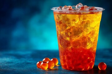Poster - Refreshing beverage with colorful bubbles served in clear cup on vibrant blue background