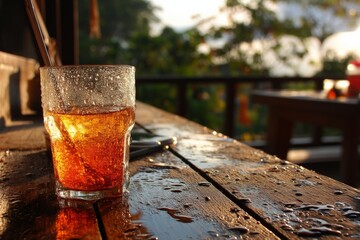 Poster - Refreshing drink on a wooden table during sunset at a serene outdoor café setting