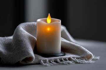 Poster - Decorative candle glowing softly on a textured fabric surface in a dimly lit room during evening hours