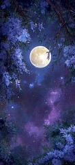 Wall Mural - the full moon shines brightly in the night sky, surrounded by twinkling stars and lush blue