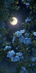 Wall Mural - the full moon shines on the blue flowers, surrounded by green leaves and starry sky. the background